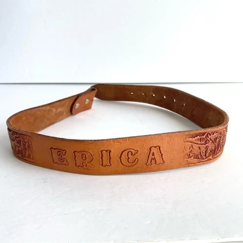 Vintage Tooled Leather Belt Hunting Dog Brown Western ERICA Womens Girls 26‎ XS